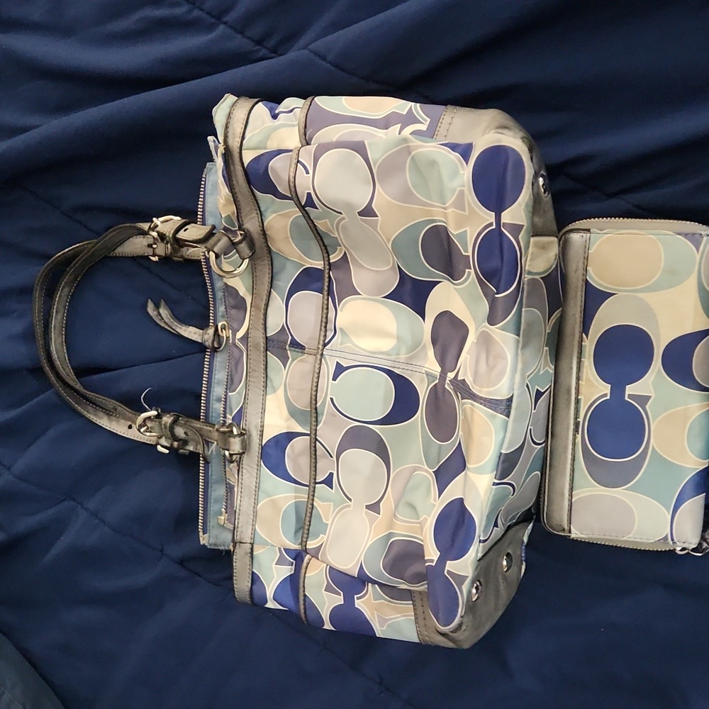 Coach Signature Script Tote in Blue, Light Blue, Cream